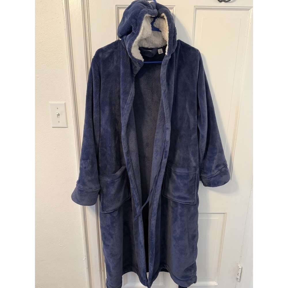 LL Bean Wicked Plush Robe Womens Small Blue Sherpa Hooded Fleece Wrap Cozy Soft